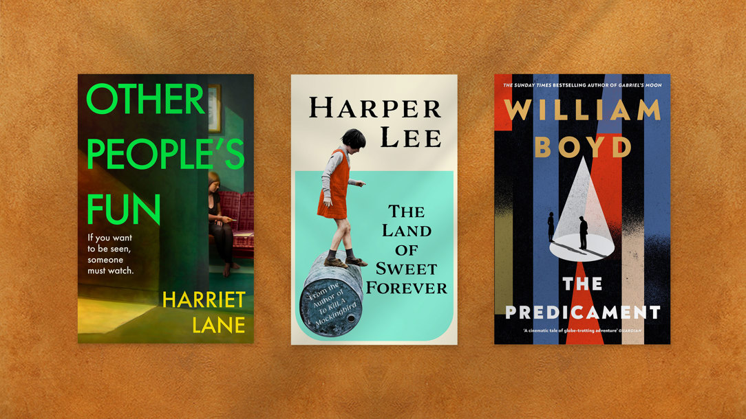 Book jackets on a textured rust background.