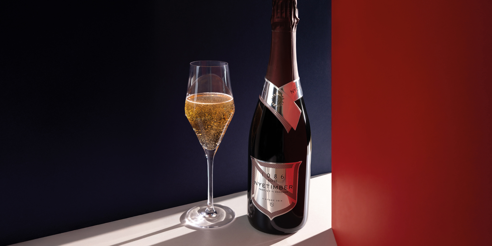 A bottle and a glass of sparkling wine casting a shadow.