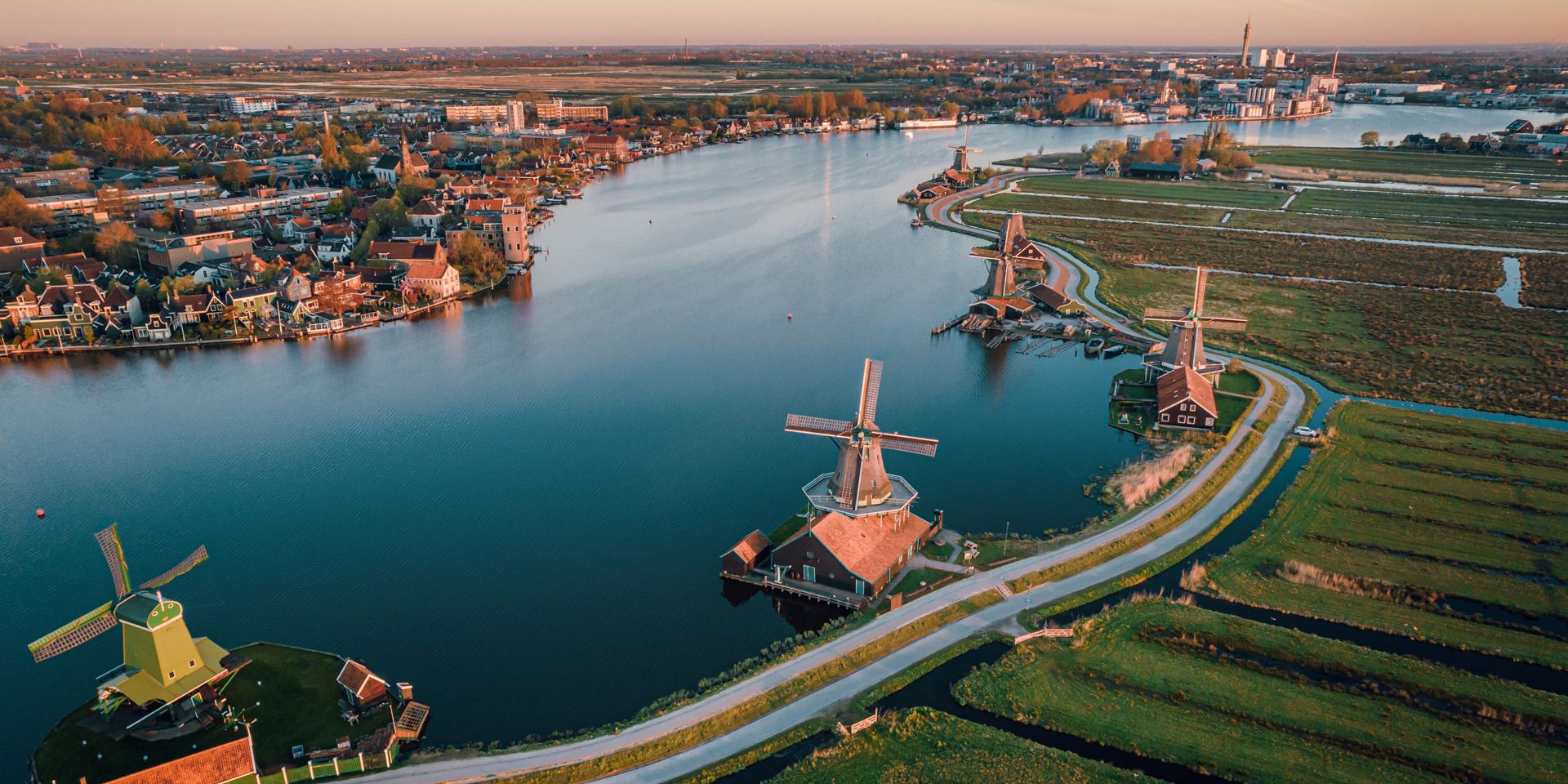 An aerial view of windmills near Amsterdam.