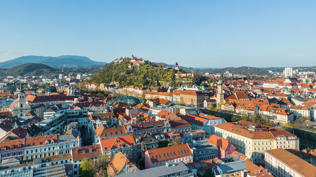 A wide view of the old town in Graz.