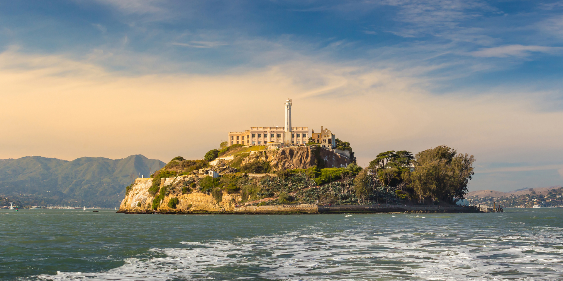 The island of Alcatraz photographed from the sea.