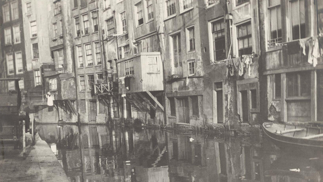 A black and white photograph of Amsterdam.