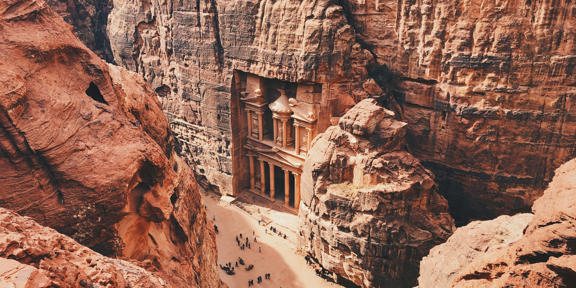 Looking down on a church built into rocks in Petra.