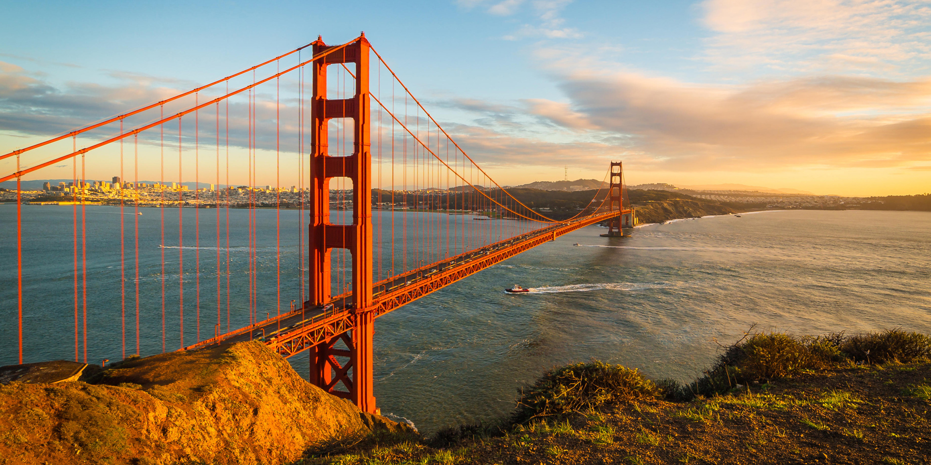 The Golden Gate Bridge at sunset.