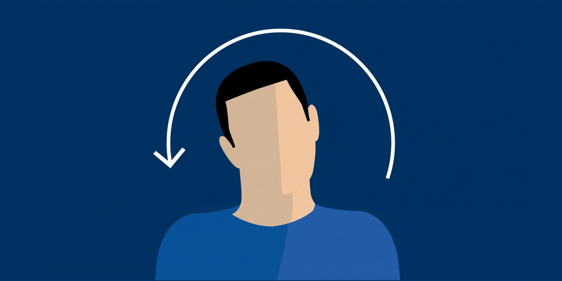 An illustration of a man doing a neck roll on a dark blue background.