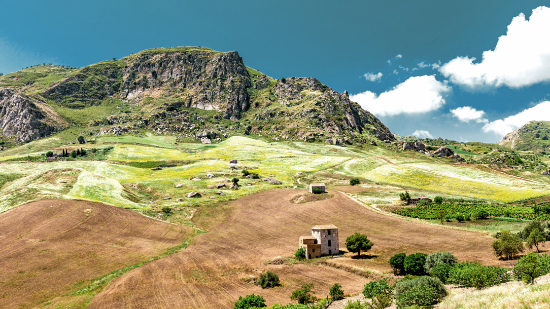 A view of the Italian countryside on a bright summer day.