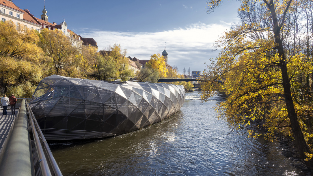 A modern building on the river in Graz.