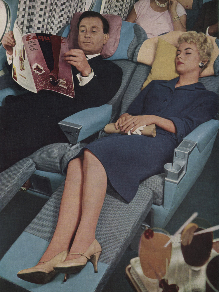 An archive image of passengers reclining on a BOAC De Haviland DH106 Comet plane.