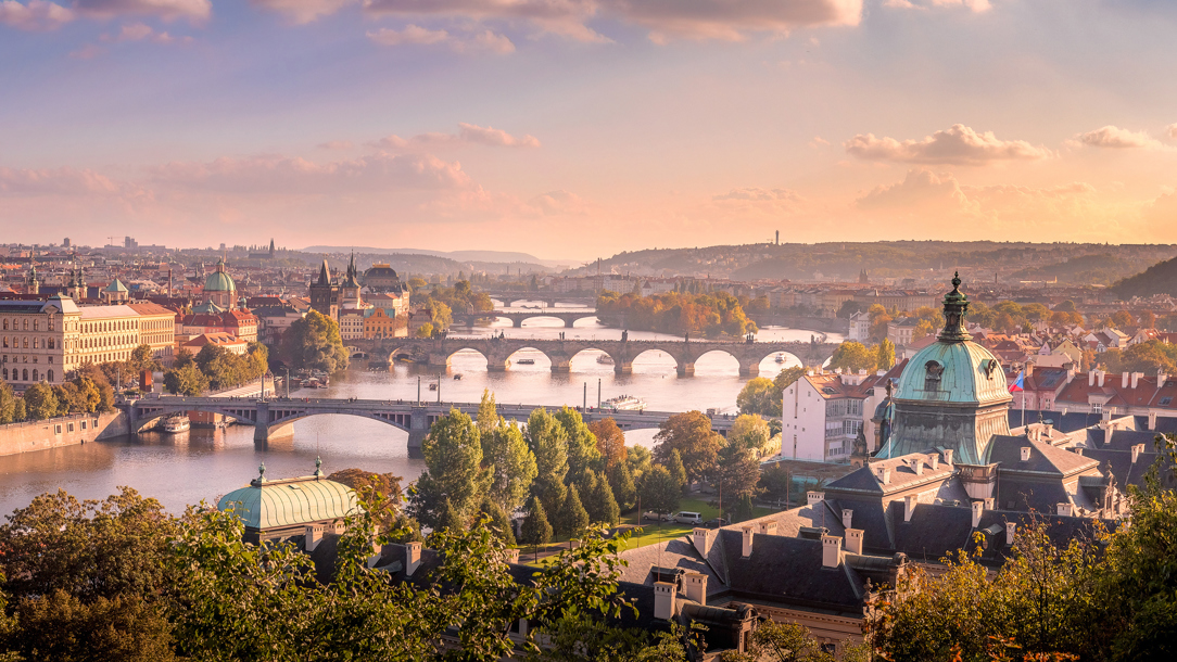 A view of Prague at sunset.