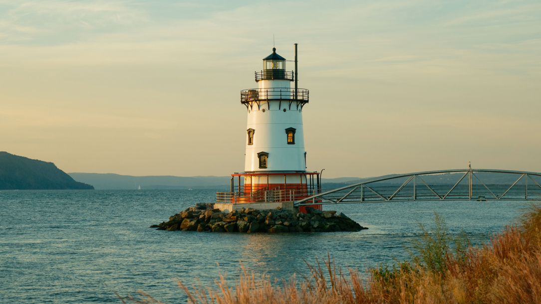 A lighthouse on an island.
