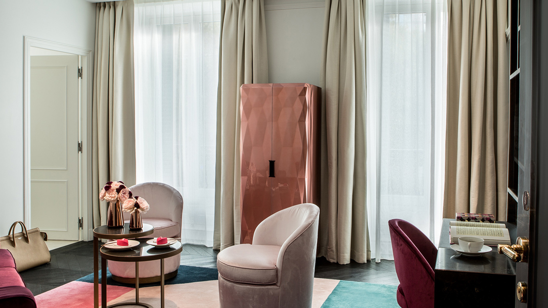 A suite at the Fouchon Hotel with the elaborate minibar in the centre of the room.