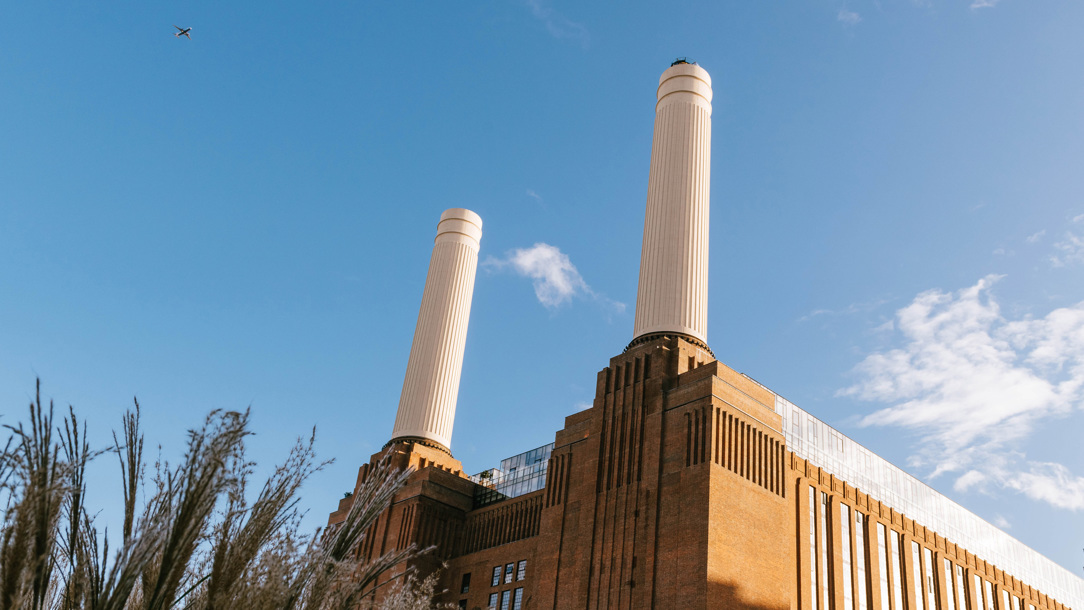 Battersea Power station photographed on a bright sunny day.