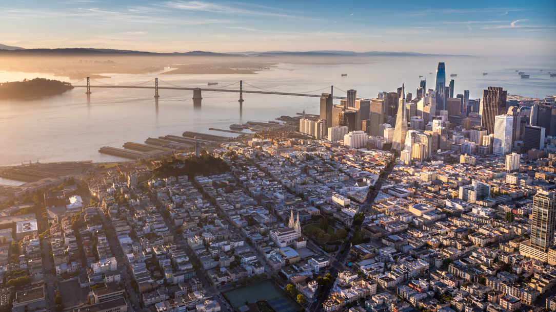 An aerial shot of San Francisco on a bright summer day.