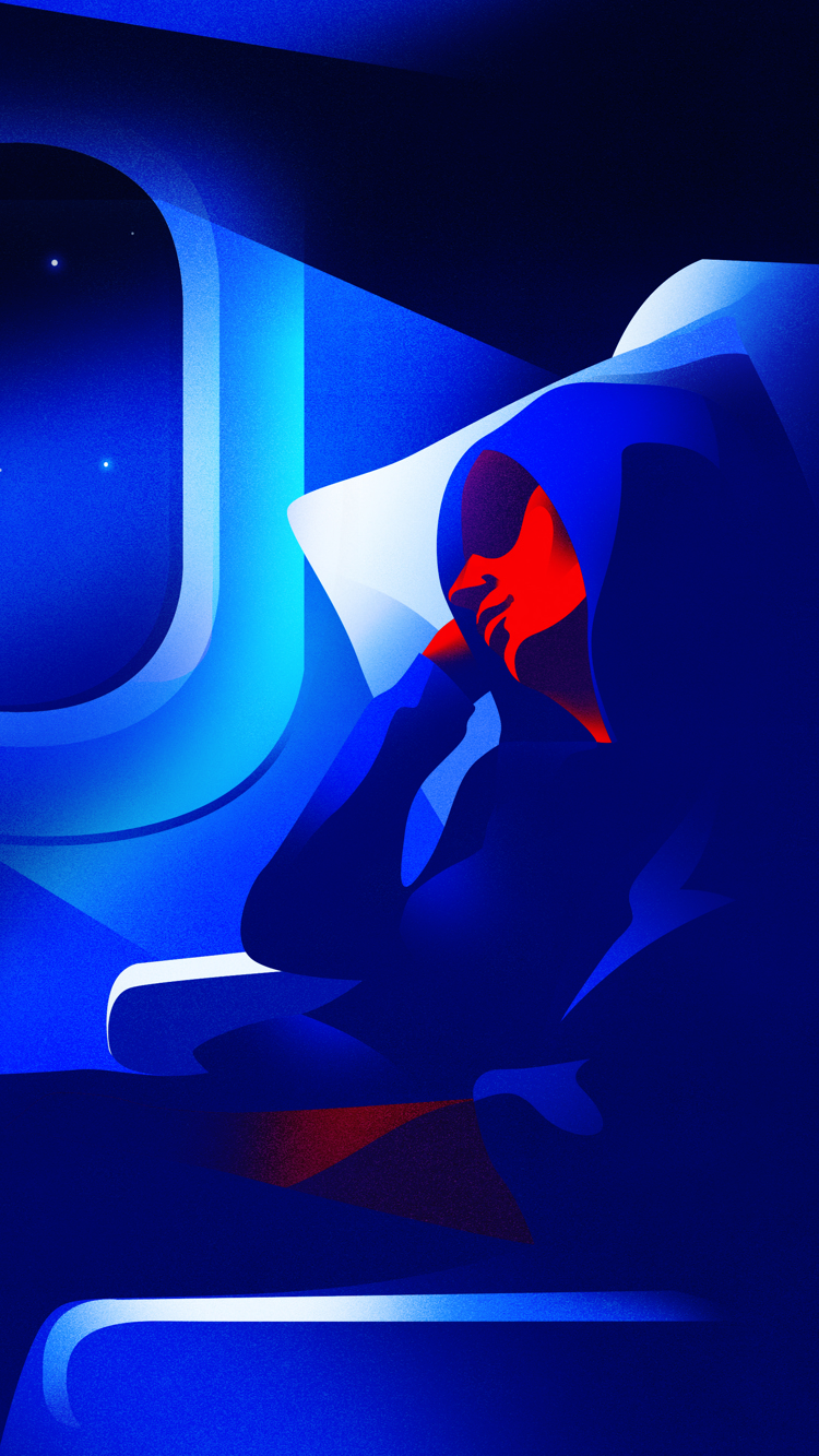 An illustration of a passenger relaxing on a British Airways plane.