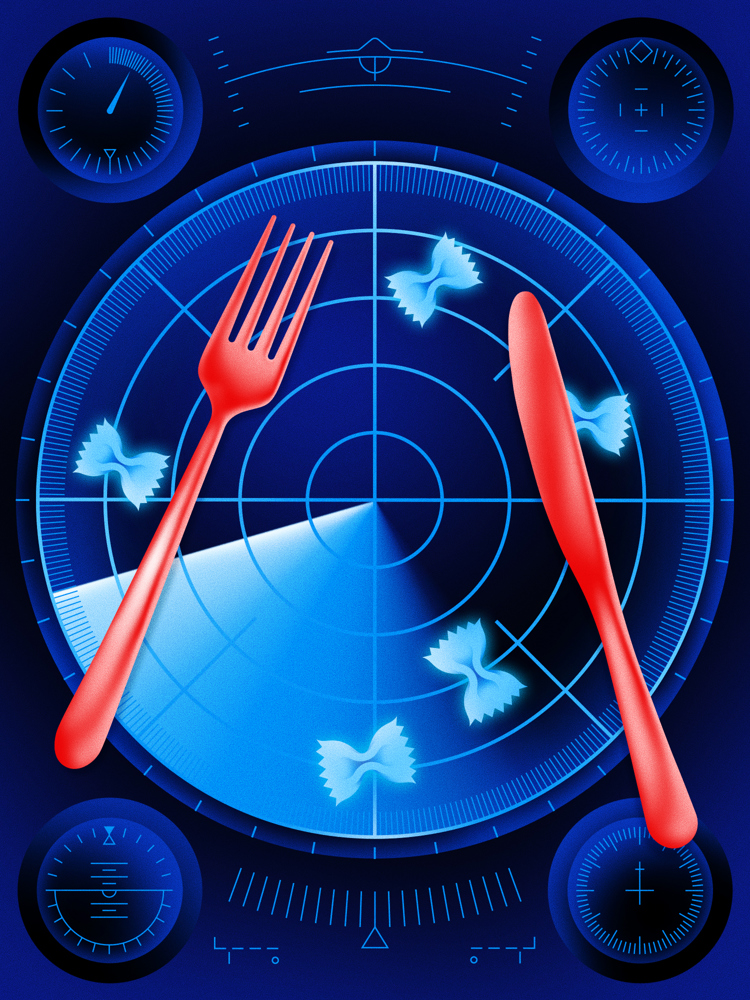 An illustration of a red knife and fork on top of a radar screen.