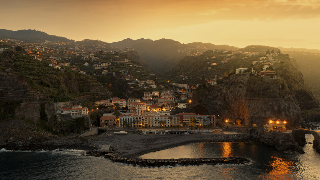 A town in Madeira at night.