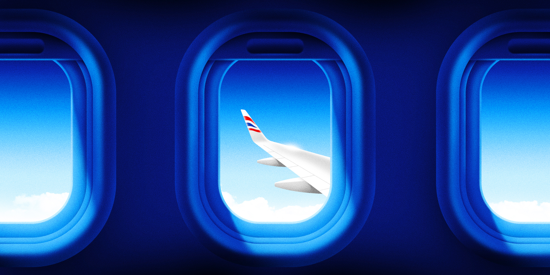 An illustration looking at the wing of an airplane from a seat inside the plane.