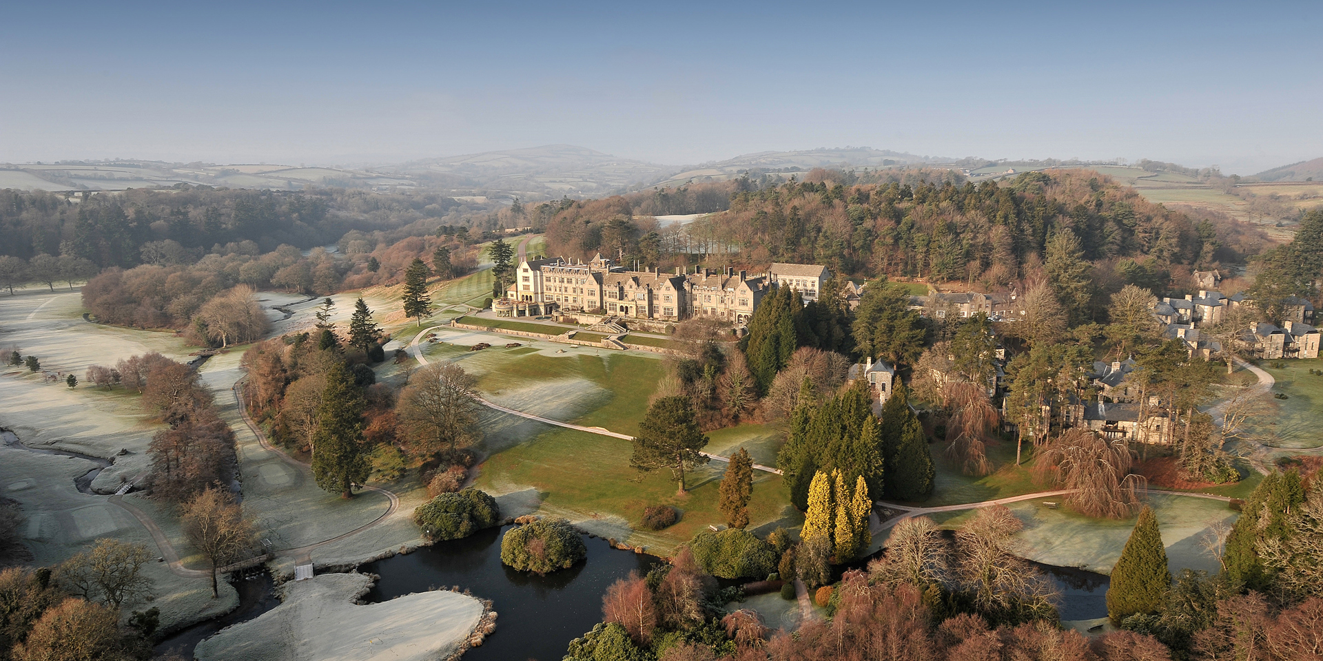 An aerial view of Bovey Castle in the autumn.