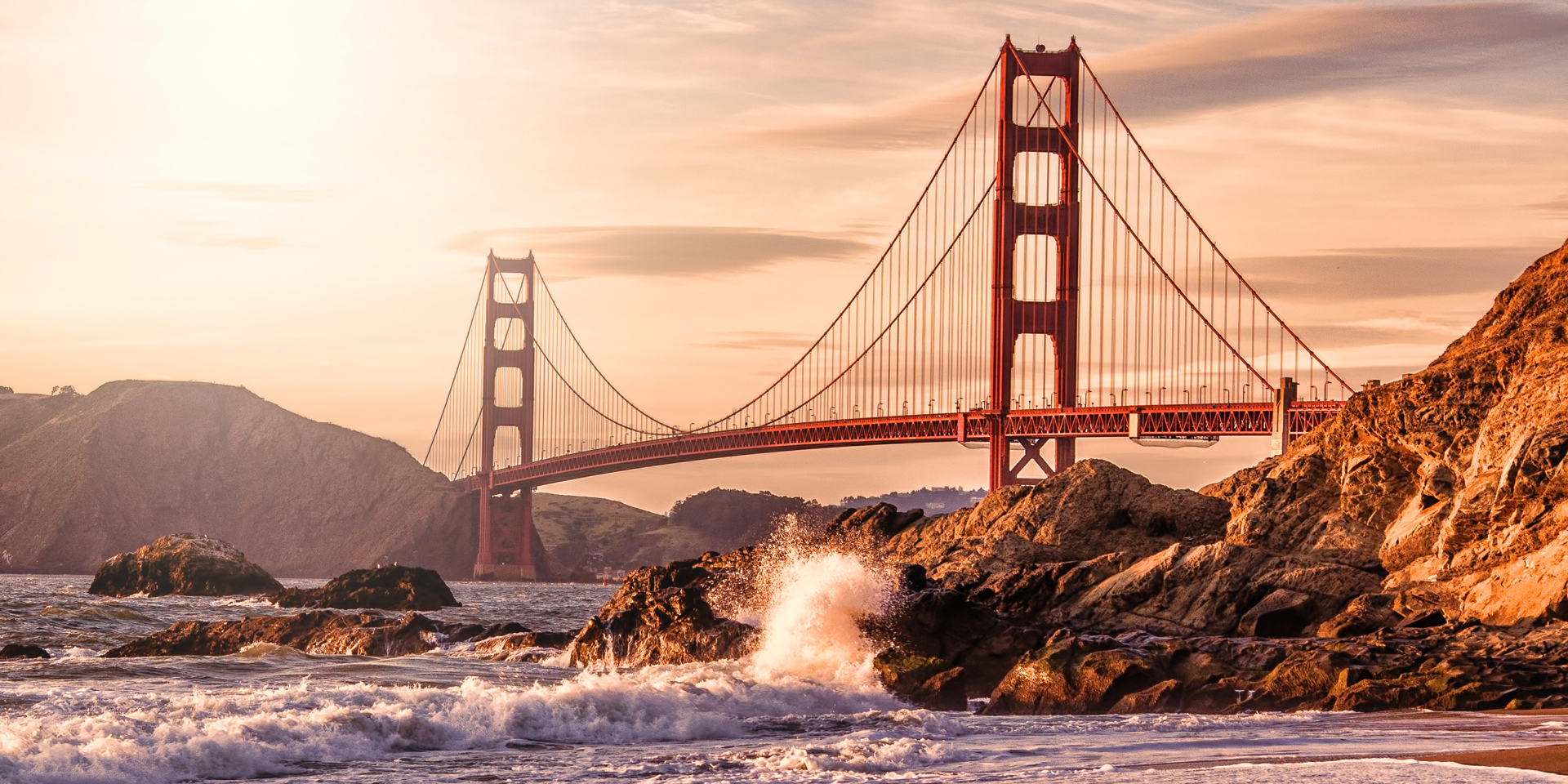 The Golden Gate Bridge at sunset.
