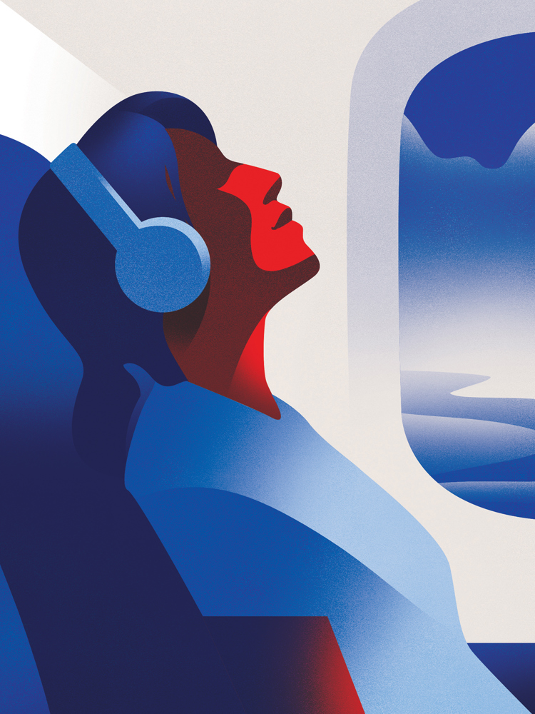 An illustration of a person using headphones on an airplane.