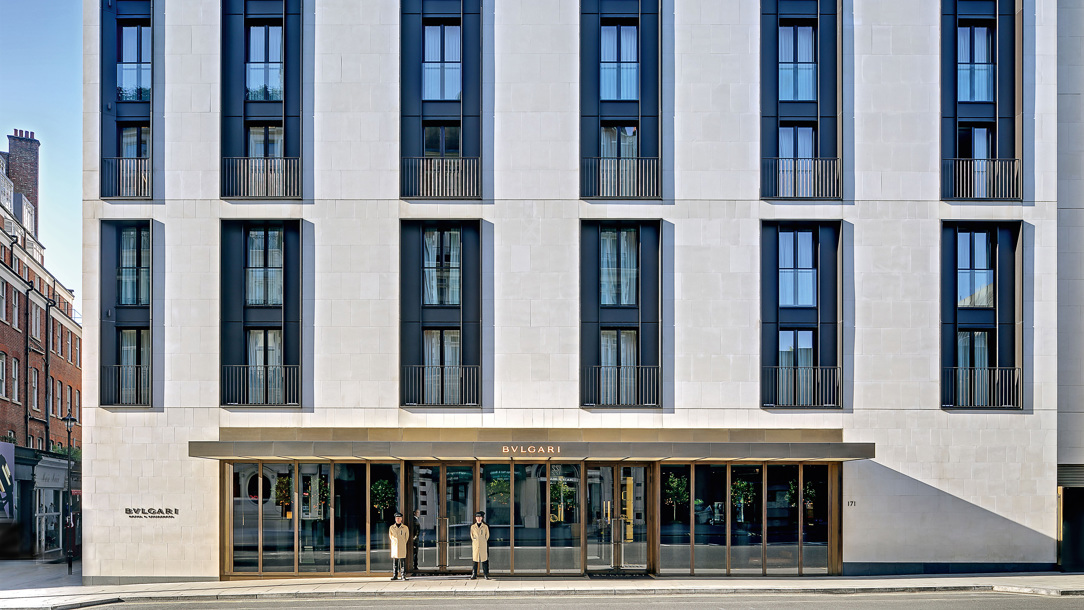 Exterior of the Bvlgari hotel in London.