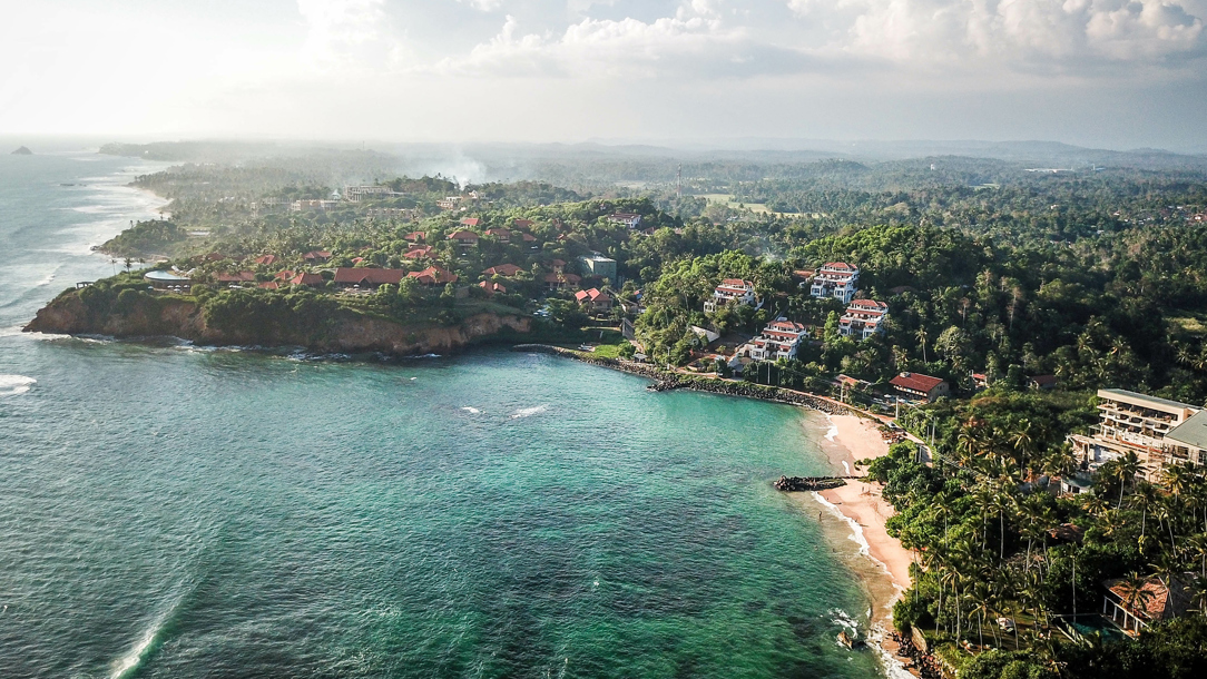 Weligama Bay photographed from the sea.