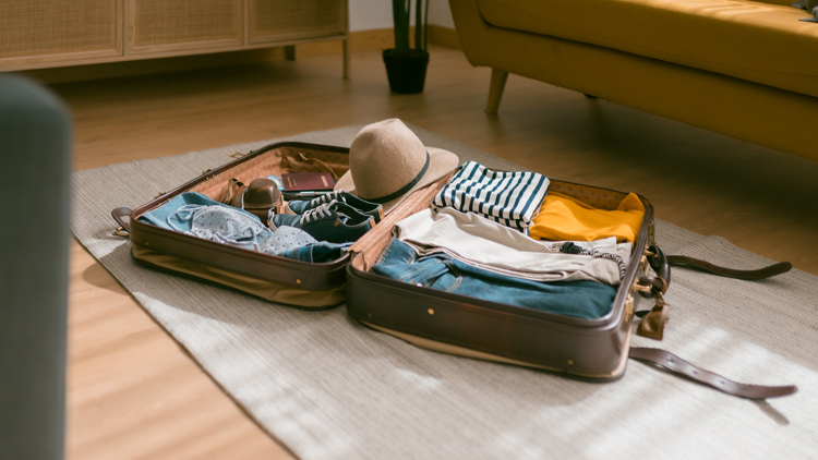An open suitcase on a living room floor.