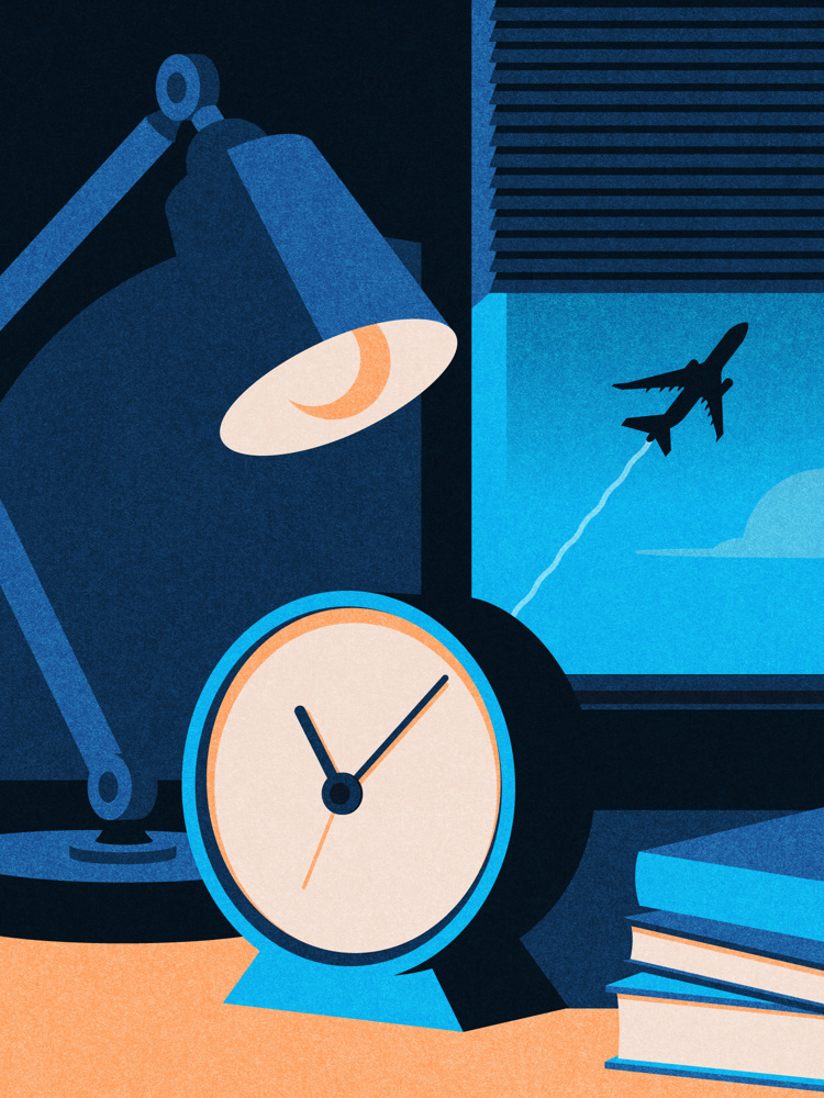 An illustration of a clock and a lamp with an airplane in the sky.