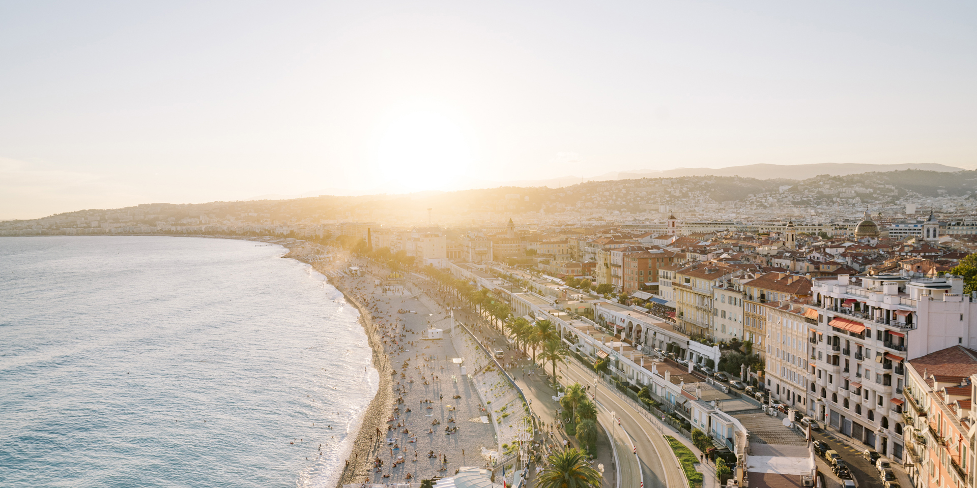A wide view of Nice with bright sunshine.