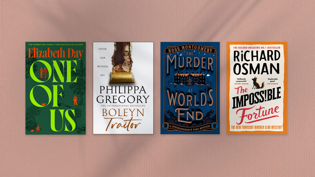 Book jackets on an orange background with the shadow of a palm tree.